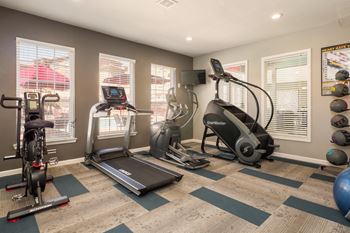 A home gym with a treadmill, elliptical trainer, and stationary bike.